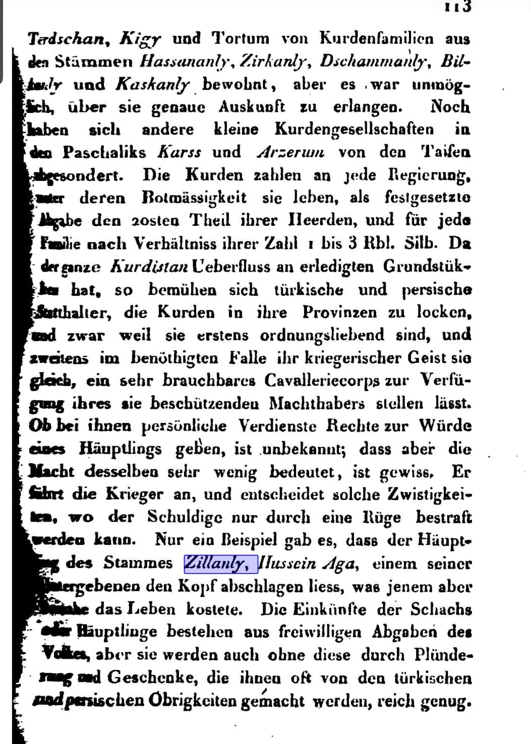 Almanca tarihî metinde Zillanly aşireti ve Hussein Aga kaydı