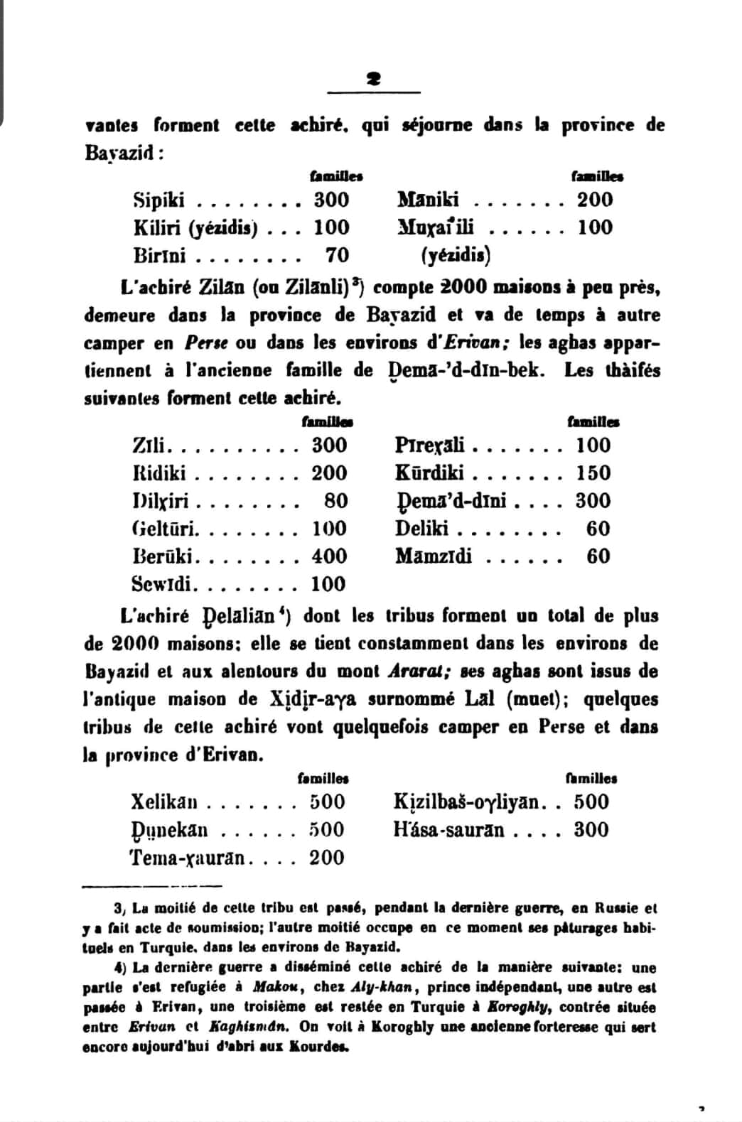 Fransızca belgede Zilan veya Zilanli aşireti kaydı
